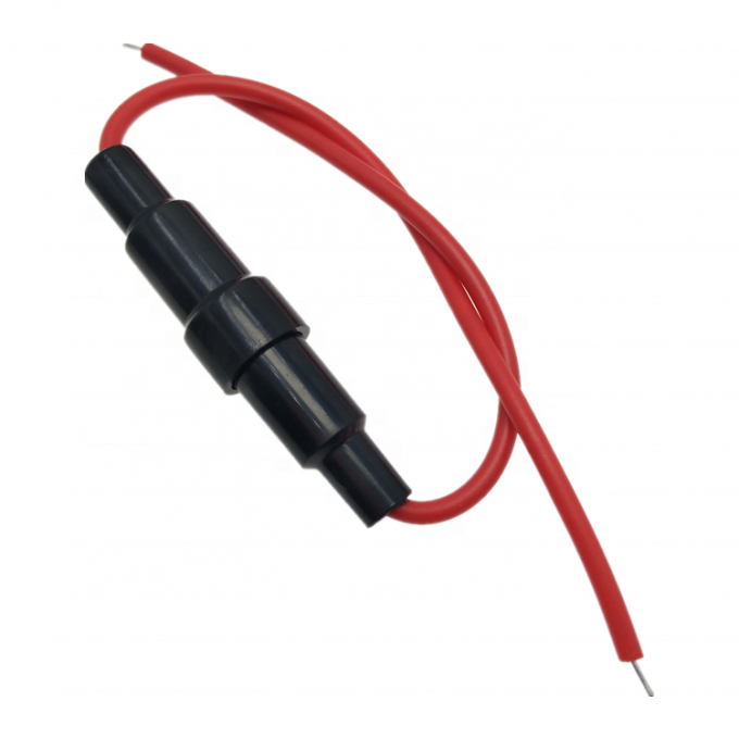 Red inline fuse holder for 5×20mm fuses with 22AWG cable - front view